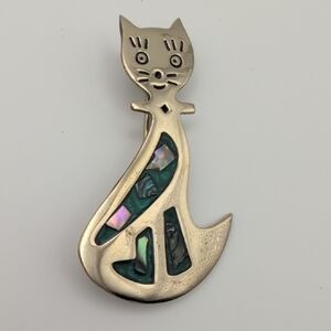 Cat Pendant Brooch - Green Abalone Accent